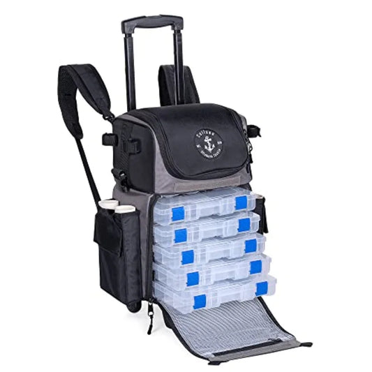 Offshore Rolling Fishing Tackle Box with Wheels Waterproof Fishing Backpack with Rod Holders Storage Bag Roller