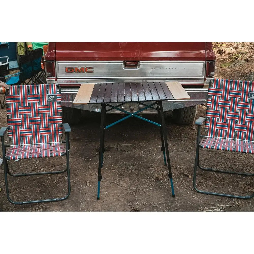 Bamboo/Aluminum Roll-Top Camping Table - Hybrid and Portable Aluminum-Top/Bamboo Folding Table with Adjustable Height Steel Fram