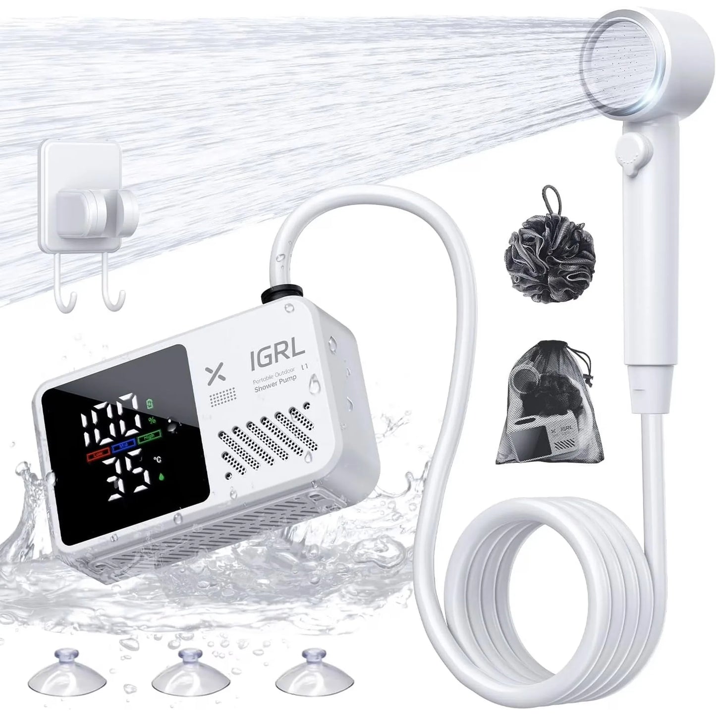 Portable Camping Shower 7800mAh Rechargeable Pump with Digital Display, 4 Water Modes, Bath Sponge, Hiking Travel, Car Wash, Pet