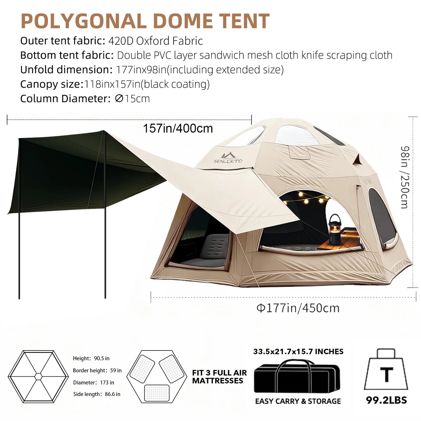 142 SqFt² Dome Inflatable Camping Tents for Family,4 Season Oxford Glamping Blow Up Tent with Canopy,Chimney Opening,AC Vent