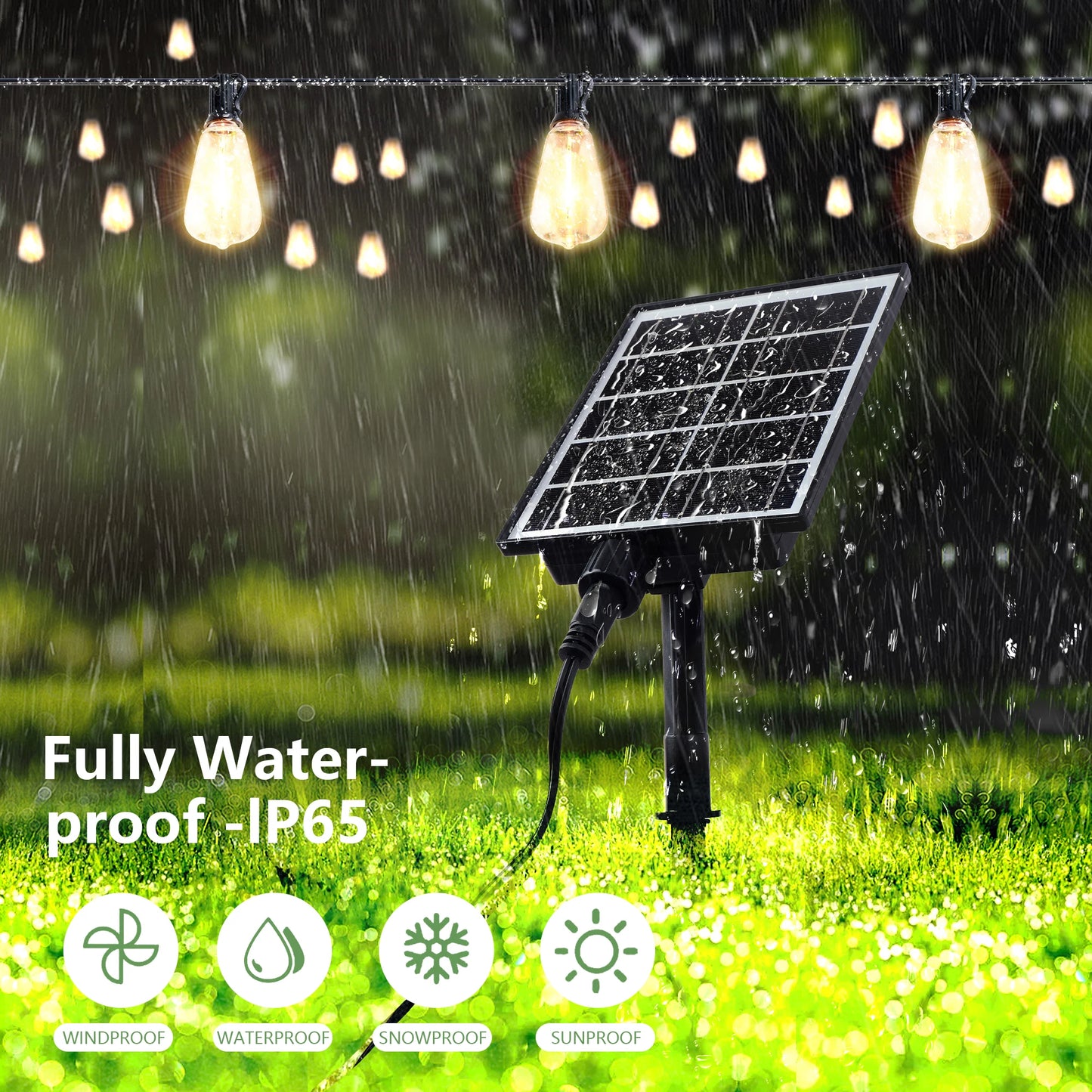 100FT Solar Outdoor String Lights IP65 Waterproof Patio Lights, Shatterproof E12 Replaceable Bulbs, Remote Dimmable Timing