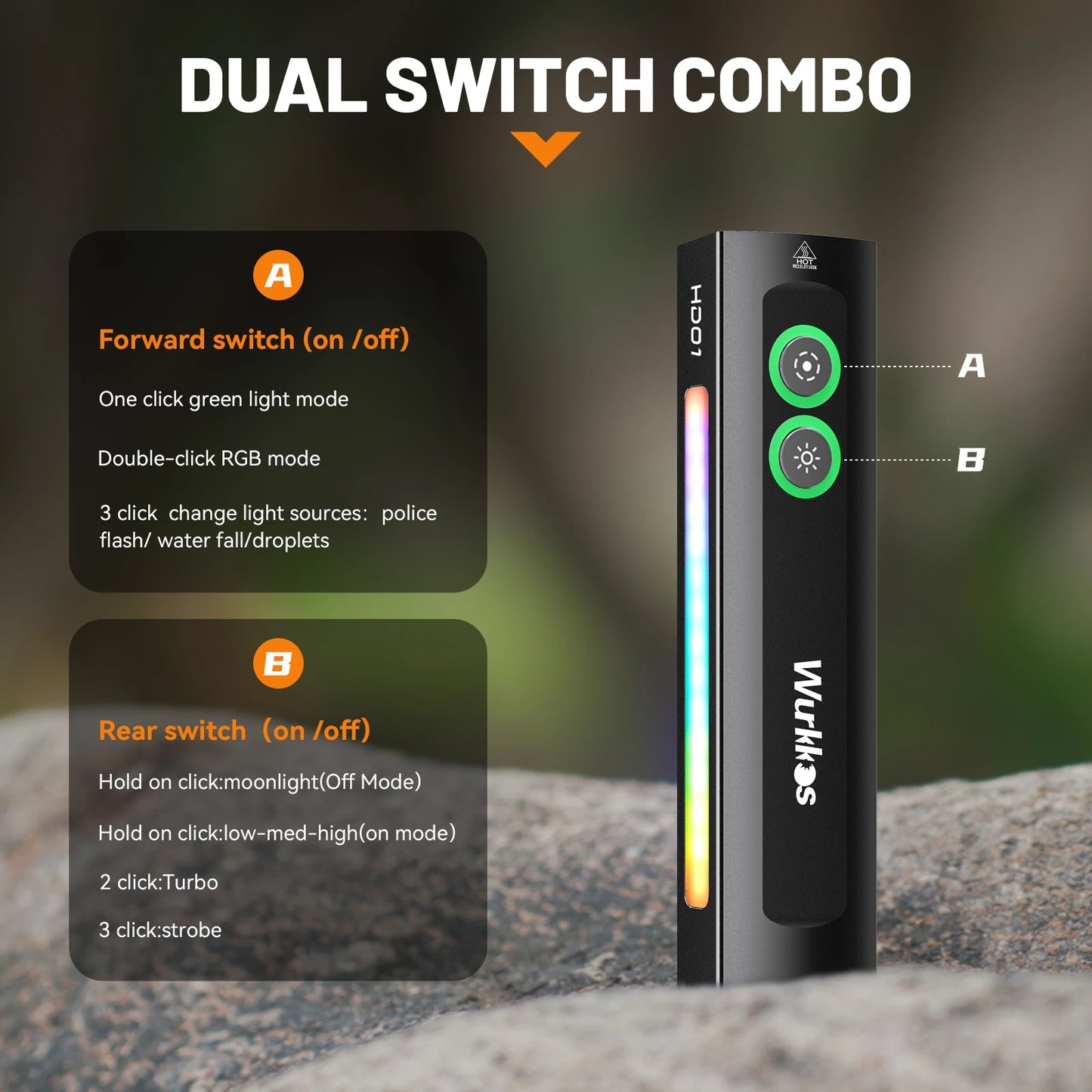 Wurkkos NEW HD01 Multifunctional Flashlight 1200 LM with Green Light White Light 90CRI Side RGB Lights IP65 Waterproof Hiking