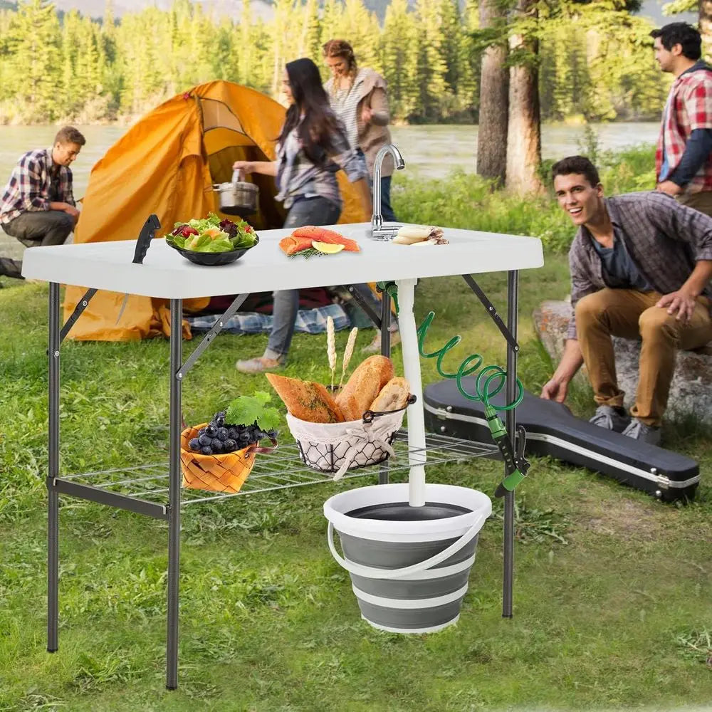 Folding Fish Cleaning Table with Collapsible Bucket, Portable Outdoor Fillet Station Camping Sink Table with Faucet, Drainage Ho