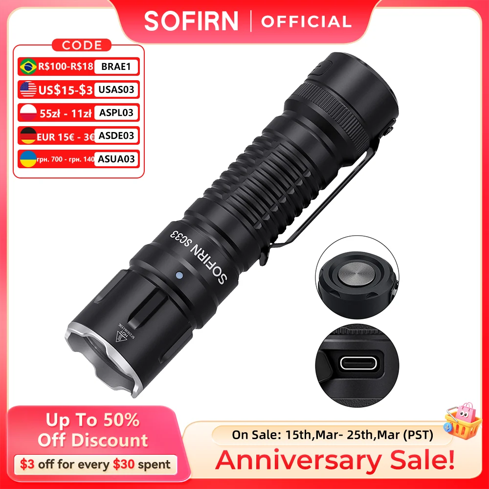 Sofirn SC33 XHP70.3 HI LED Flashlight Tactical 5200lm Powerful 21700 USB C Rechargeable Torch with Tail E-switch Outdoor Light