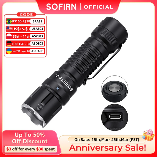 Sofirn SC33 XHP70.3 HI LED Flashlight Tactical 5200lm Powerful 21700 USB C Rechargeable Torch with Tail E-switch Outdoor Light