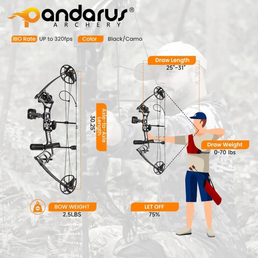 Archery Ready to Hunt Compound Bow Package for Adults and Teens25"-31" Draw Length 0-70 Lbs Draw Weight Adjustable up to 320 fp