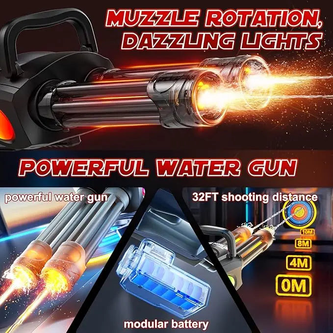 Gatling Rotating Barrel Electric Water Gun With LED Mouth Light, Dual Water Dispensing Function, Can Be Used With External Water