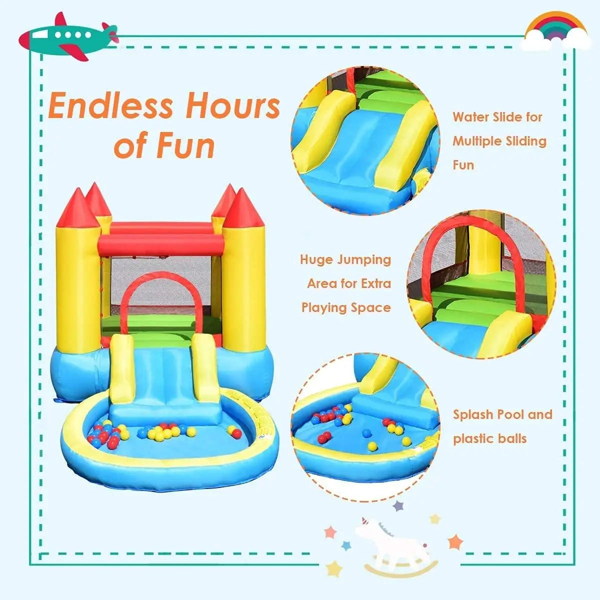 Inflatable Water Slide Bounce House with Ball Pit & Splash Pool, Bouncy Jump Castle for Kids Backyard Fun with 480w Blower, Blow