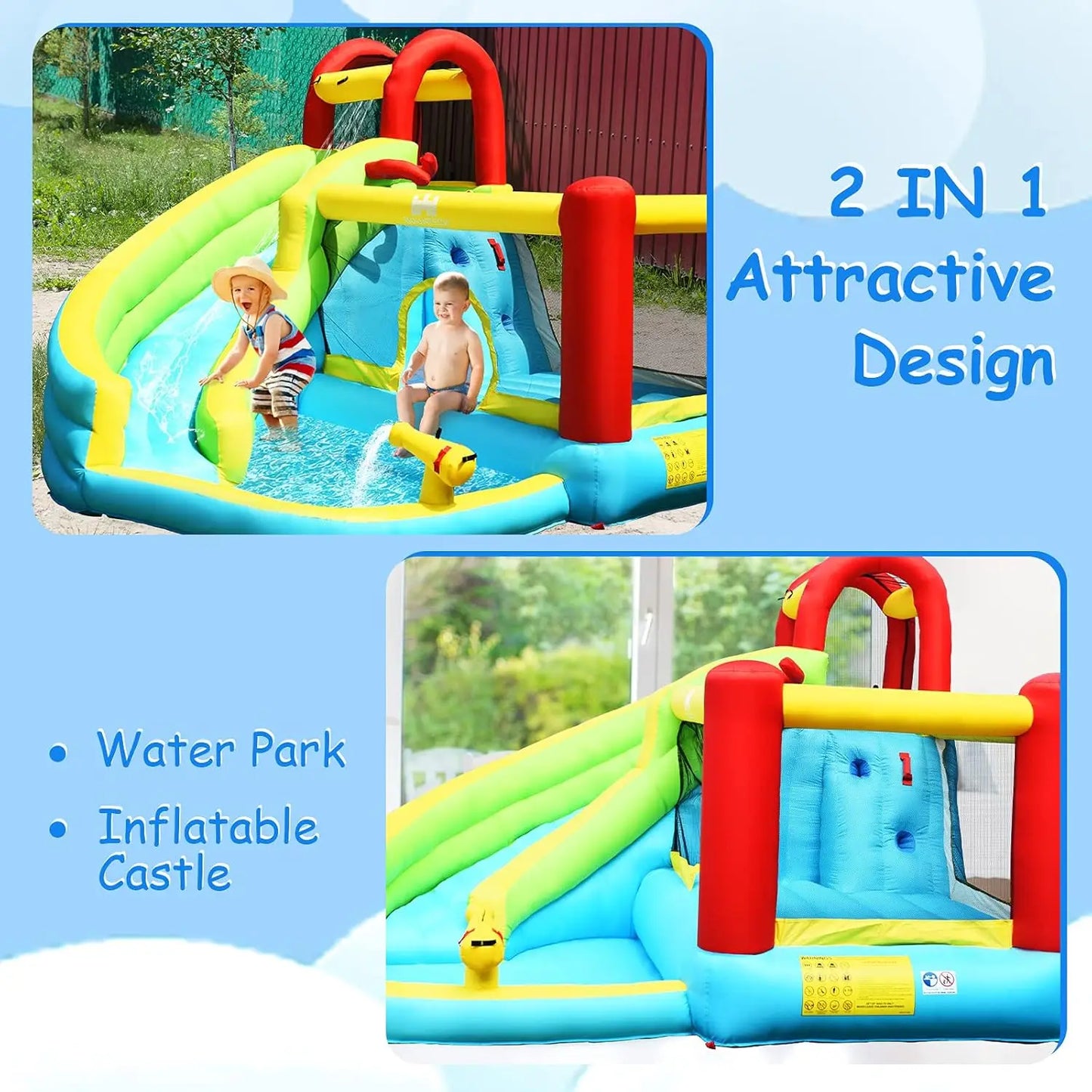 Inflatable Water Slide, Bounce House Water Slide for Kids Outdoor Fun w/Waterslide, Splash Pool, Climbing Wall, Water Slides Inf