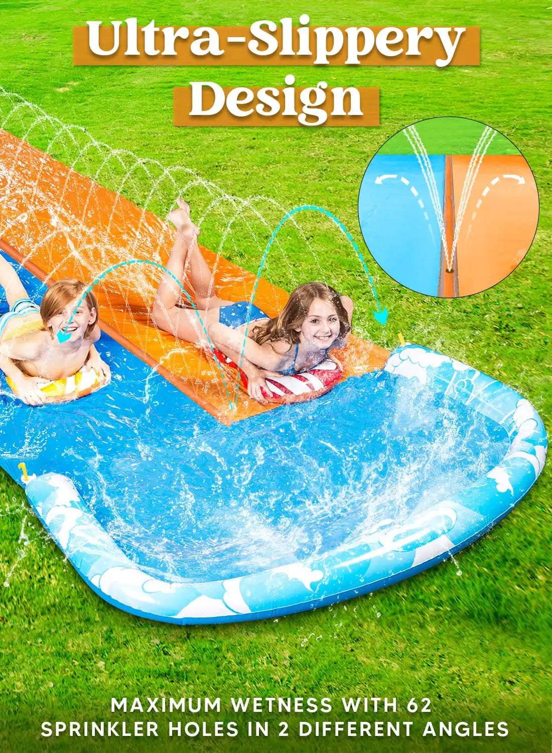 JOYFY 22.5ft Water Slides and 2 Bodyboards Lawn Backyard Waterslides Water Toy with Build Sprinkler for Kids Outdoor Water Fun