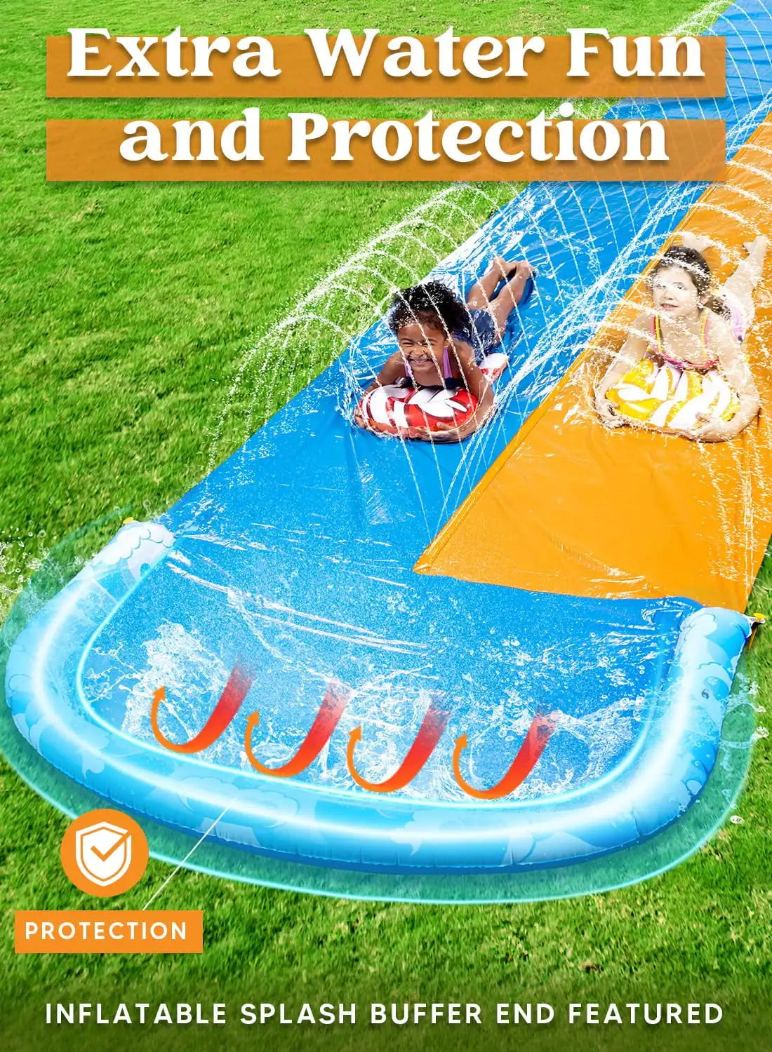 JOYFY 22.5ft Water Slides and 2 Bodyboards Lawn Backyard Waterslides Water Toy with Build Sprinkler for Kids Outdoor Water Fun