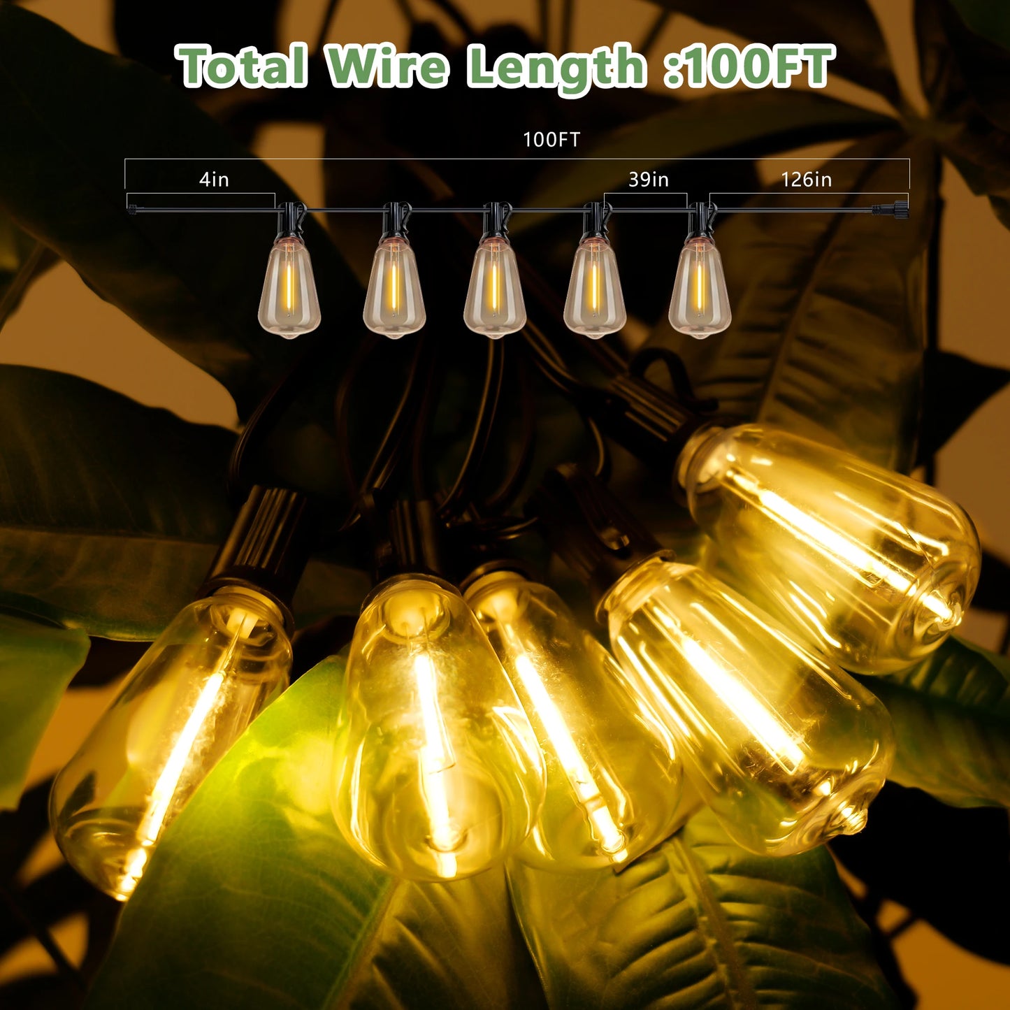 100FT Solar Outdoor String Lights IP65 Waterproof Patio Lights, Shatterproof E12 Replaceable Bulbs, Remote Dimmable Timing