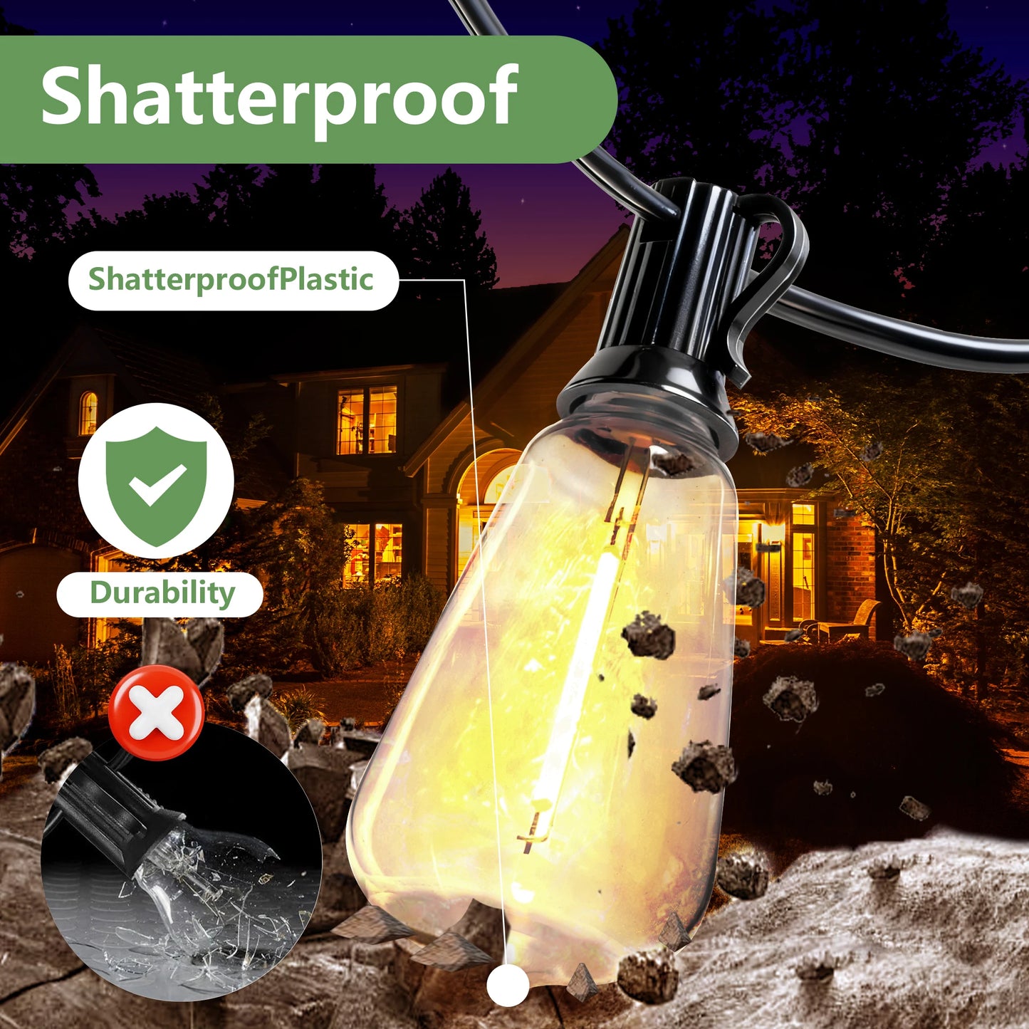 100FT Solar Outdoor String Lights IP65 Waterproof Patio Lights, Shatterproof E12 Replaceable Bulbs, Remote Dimmable Timing