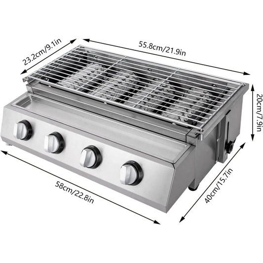 Professional 4-Burner Stainless Steel Portable Tabletop Propane/LPG Gas Grill ,Smokeless for Camping & Indoor/Outdoor BBQ