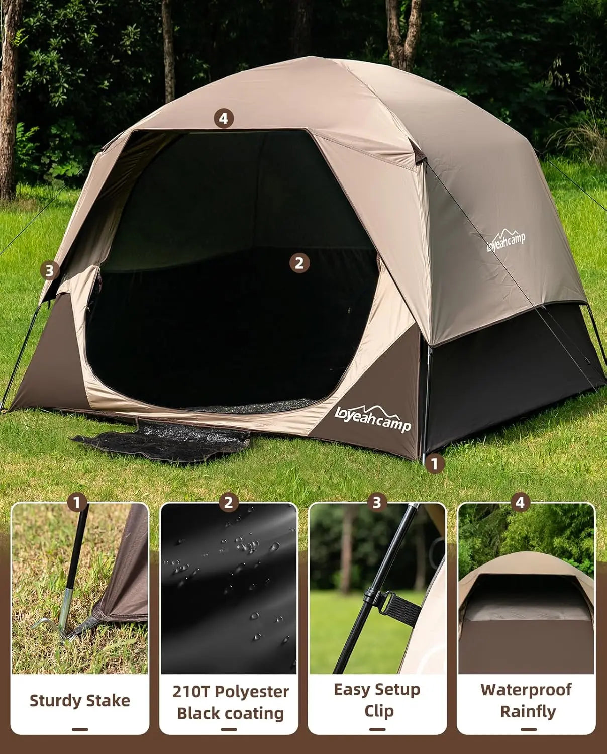 4 Person Blackout Camping Tent, Easy Setup Waterproof Family Dome Tent for Camping with Rainfly