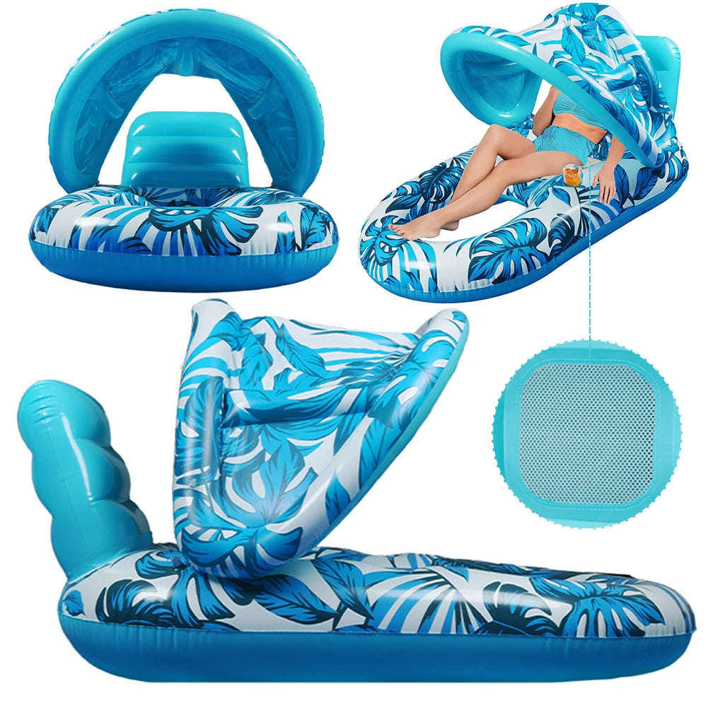 Inflatable Floating Bed with Sunshade Inflatable Water Sleeping Bed Floating Lounger Air Mattress for Swimming Pool Party