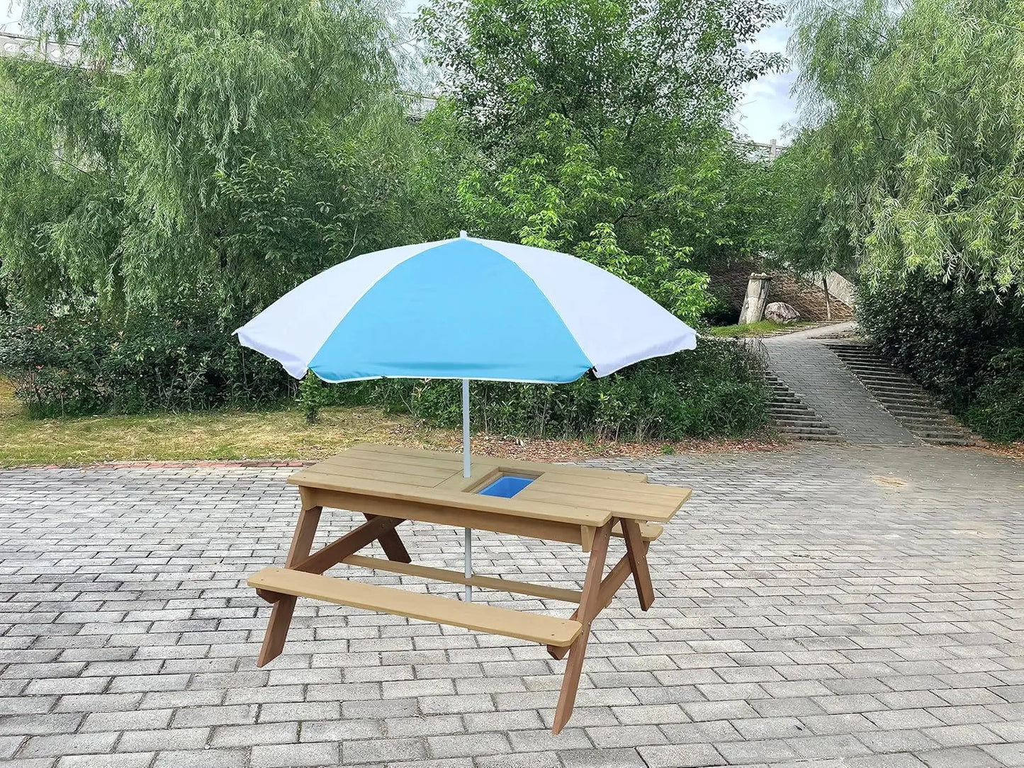 Kids 3-in-1 Sand Water Activity Table Wooden Outdoor Convertible Picnic Table Bench Adjustable Umbrella Removable Top 2 Play Box