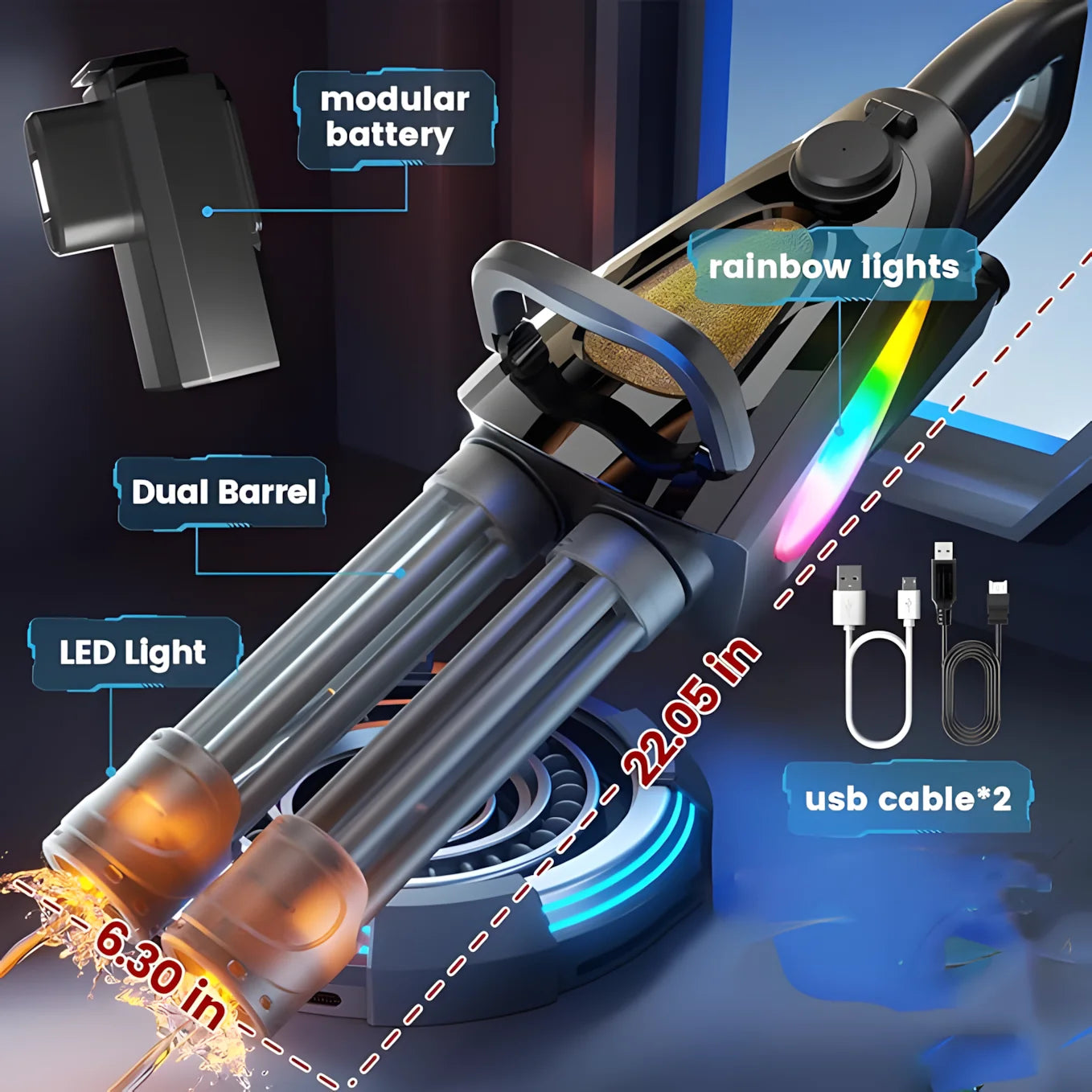 Gatling Rotating Barrel Electric Water Gun With LED Mouth Light, Dual Water Dispensing Function, Can Be Used With External Water