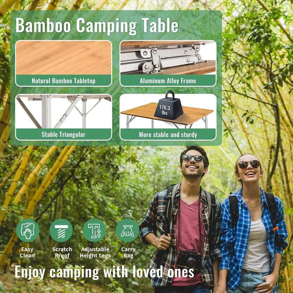 Adjustable Height Folding Table, 4-Fold Bamboo Camping Outdoor Portable RV Camp Table with Carry Bag & Storage for Outdoor Car B