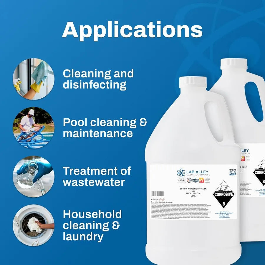 Liquid Chlorine 12.5 Sodium Hypochlorite for Swimming Pools Spas Power Washing FastActing NonStaining 5 Gallons Ideal for Water