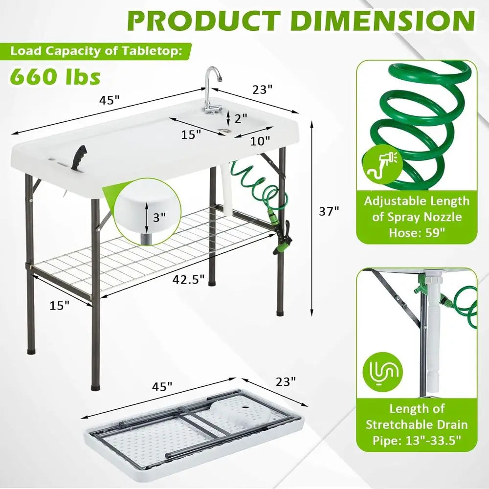Folding Fish Cleaning Table with Collapsible Bucket, Portable Outdoor Fillet Station Camping Sink Table with Faucet, Drainage Ho