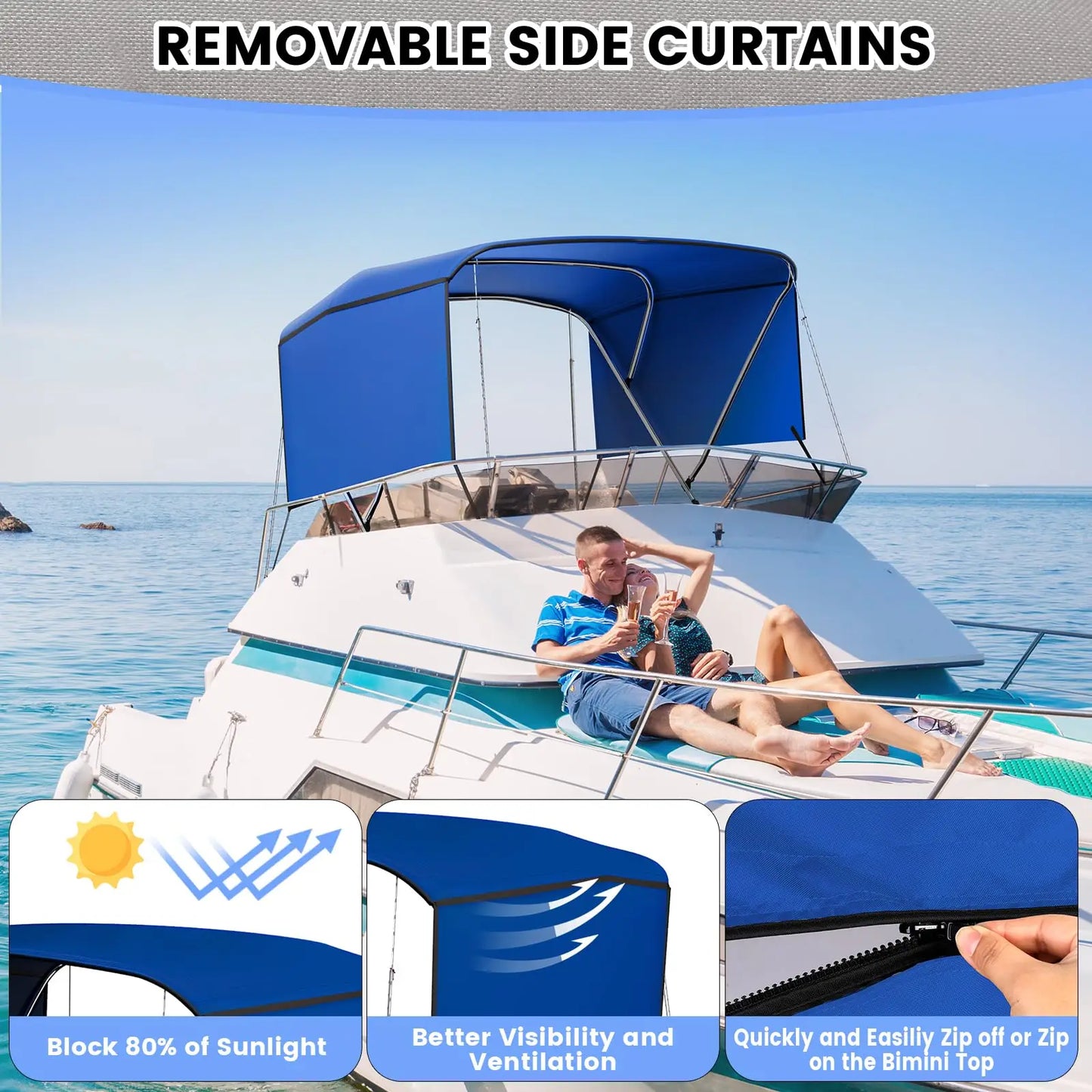 3 Bow Boat Bimini Top Cover, Sun Shade Boat Canopy with 2 Removable Side Curtains, 4 Adjustable Windproof Ropes, Durable Marine