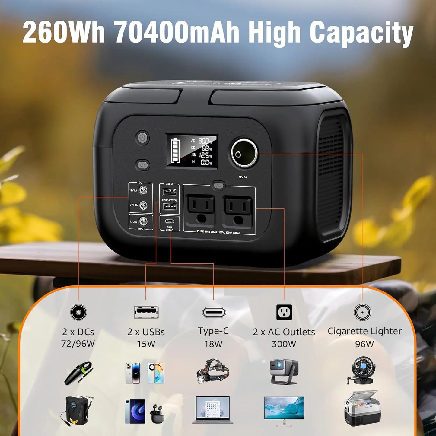 300W 260Wh Portable Power Station with Solar Panels 40W Solar Generator with AC Outlet 110V for Outdoor Garden Travel Camping RV