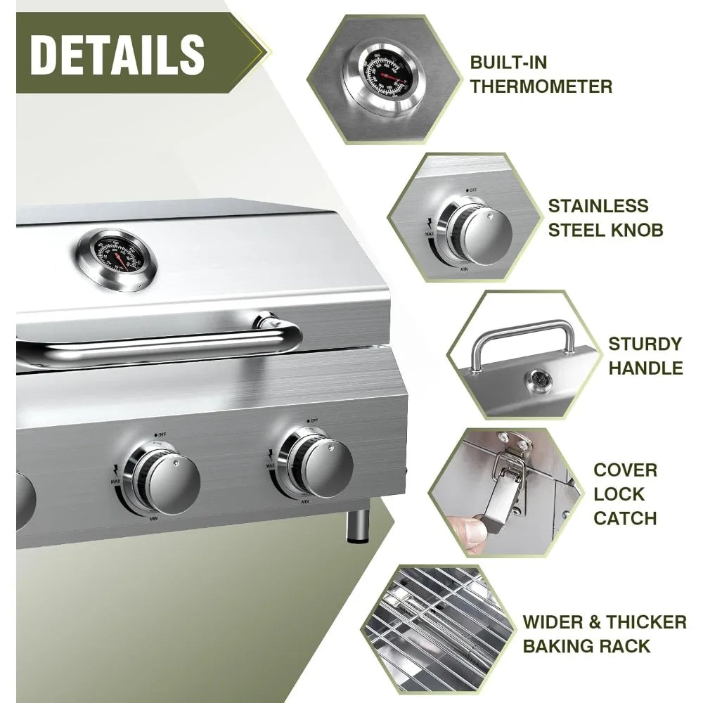 Portable Propane Gas Grill with 3 Burners, 30,000 BTU, Durable Thick Grates and Stainless Steel Controls