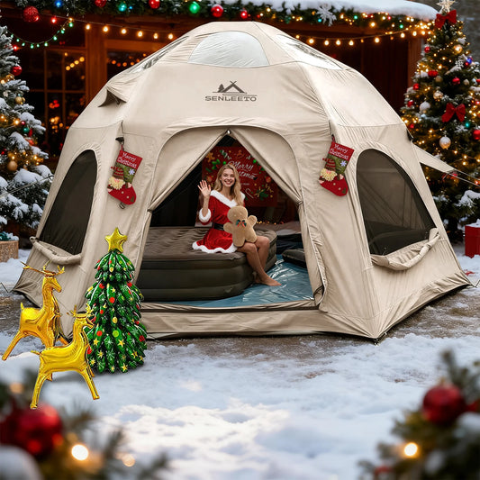 142 SqFt² Dome Inflatable Camping Tents for Family,4 Season Oxford Glamping Blow Up Tent with Canopy,Chimney Opening,AC Vent
