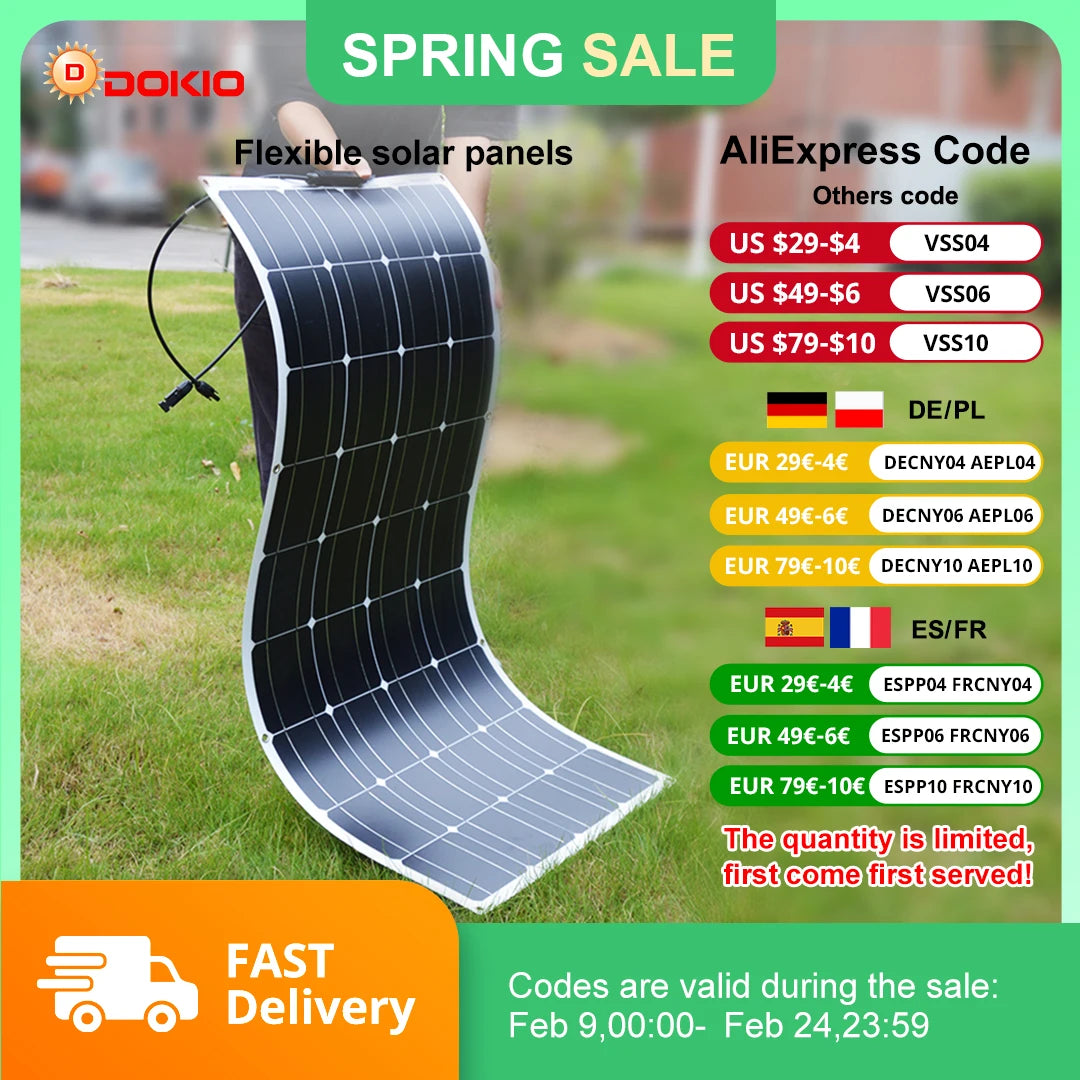 DOKIO 18V 100W/200W/400W Flexible Solar Panels Waterproof Monocrystalline Solar Panel Camping RV Home Charge 12V