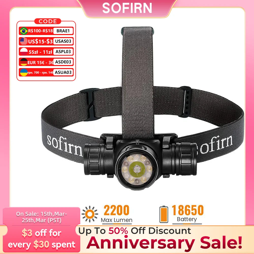 New Sofirn HS21 SFT40 2000lm EDC Red Headlight 18650 USB C Flashlight 6000K Powerful with infrared sensor