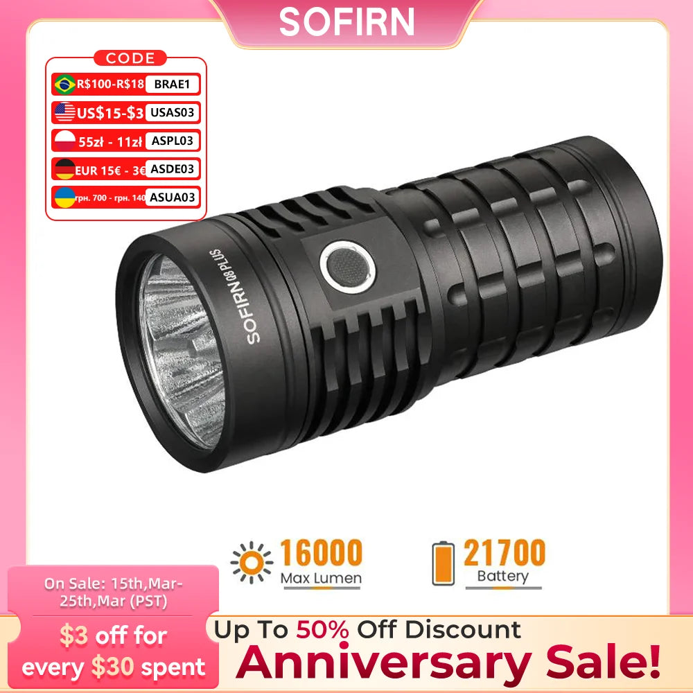 Sofirn Q8 Plus 6*XHP50.2 LED Torch 21700 USB C Rechargeable 16000lm Powerful Flashlight EDC Portable Lantern Lamp BLF Anduril 2