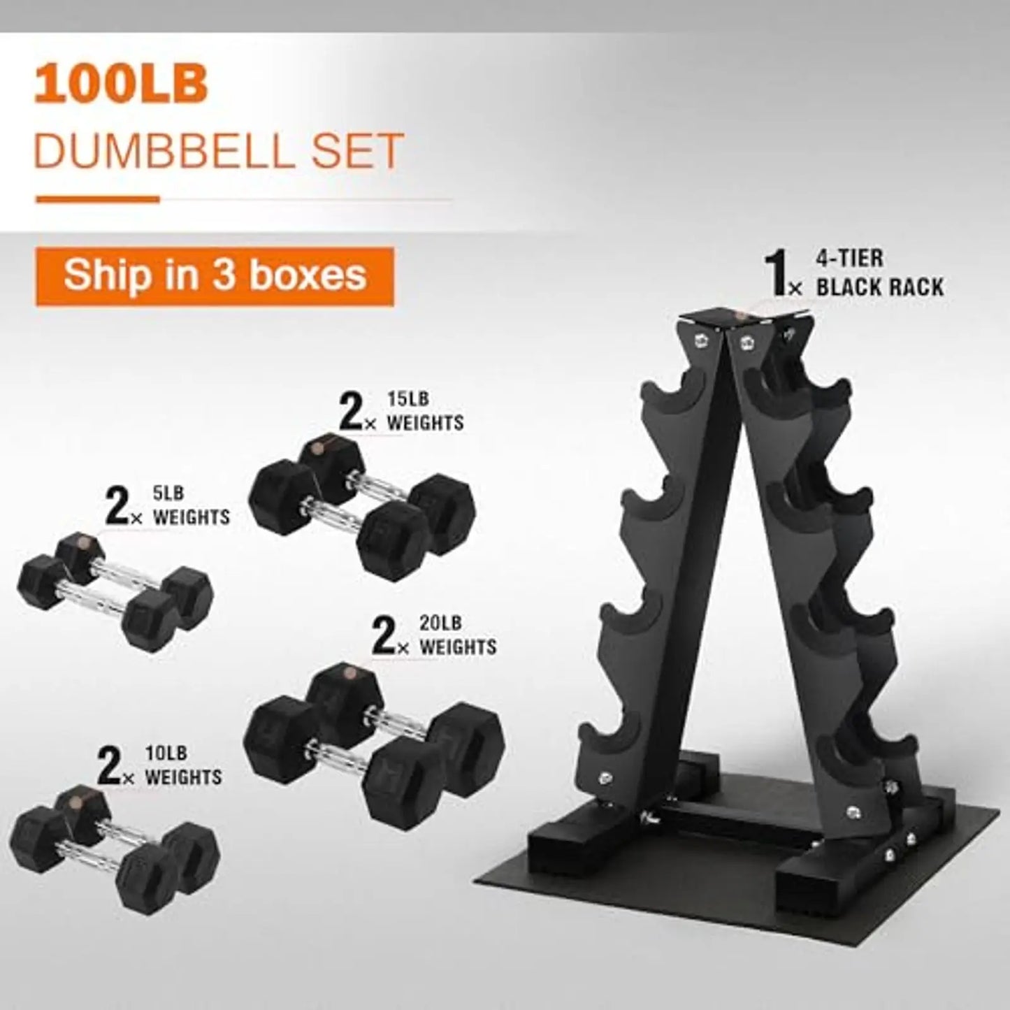 Dumbbell Set with Storage Rack, Rubber Coated Hex Hand Weights, Anti-Slip Grip Home Gym Equipment for Strength Training