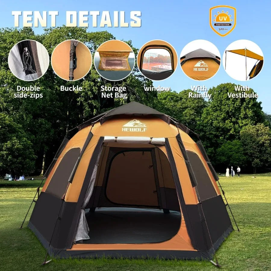 2/3/4 Person Camping Tent - Instant Pop Up Waterproof 2 Doors Tent with Easy Setup 3-Season Hexagonal Dome Design for Family Hi