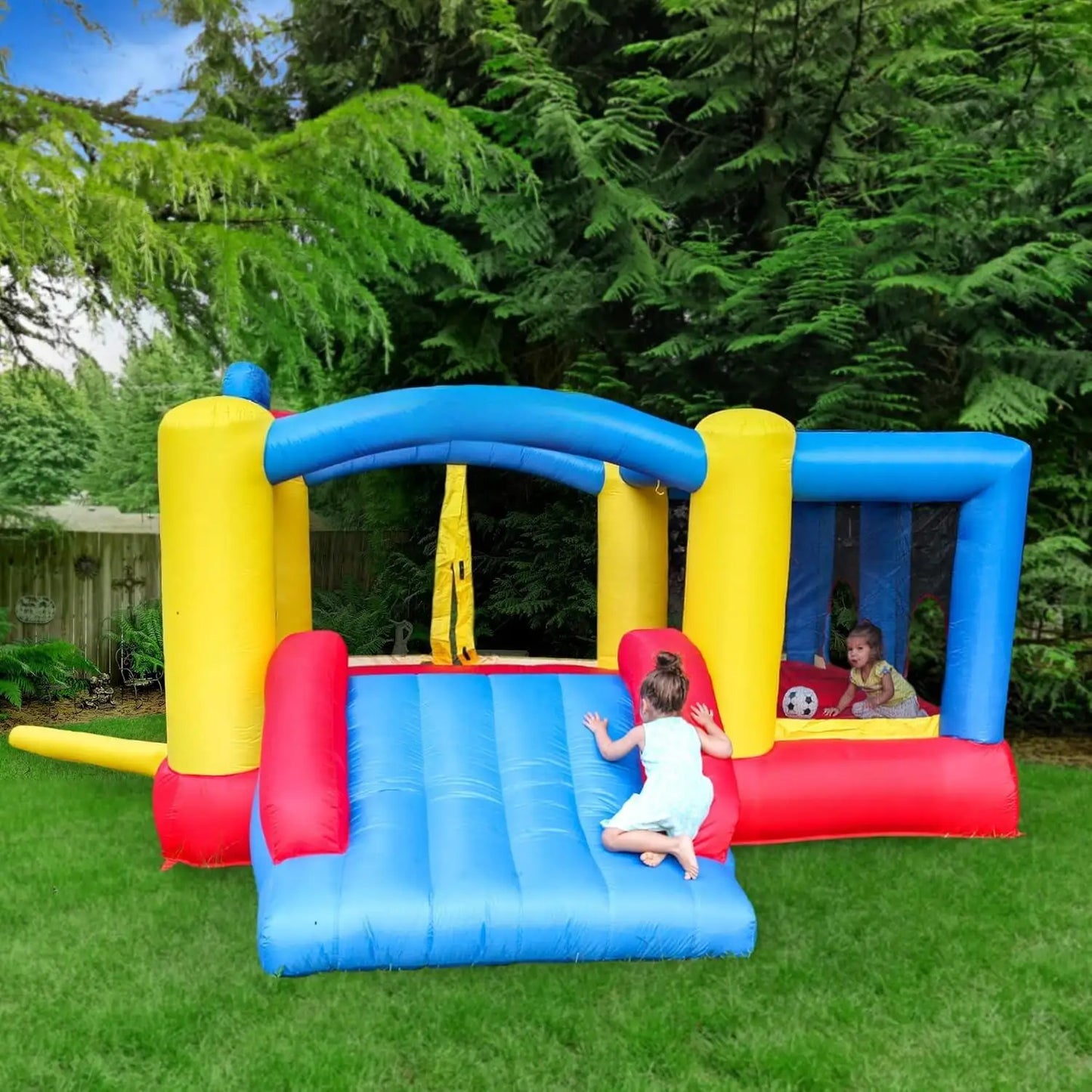 Water Slide Park Inflatable Bouncing House w/Pool Area (Splash Zone), Climbing Wall, Shower Head Sprays Mounts, Water