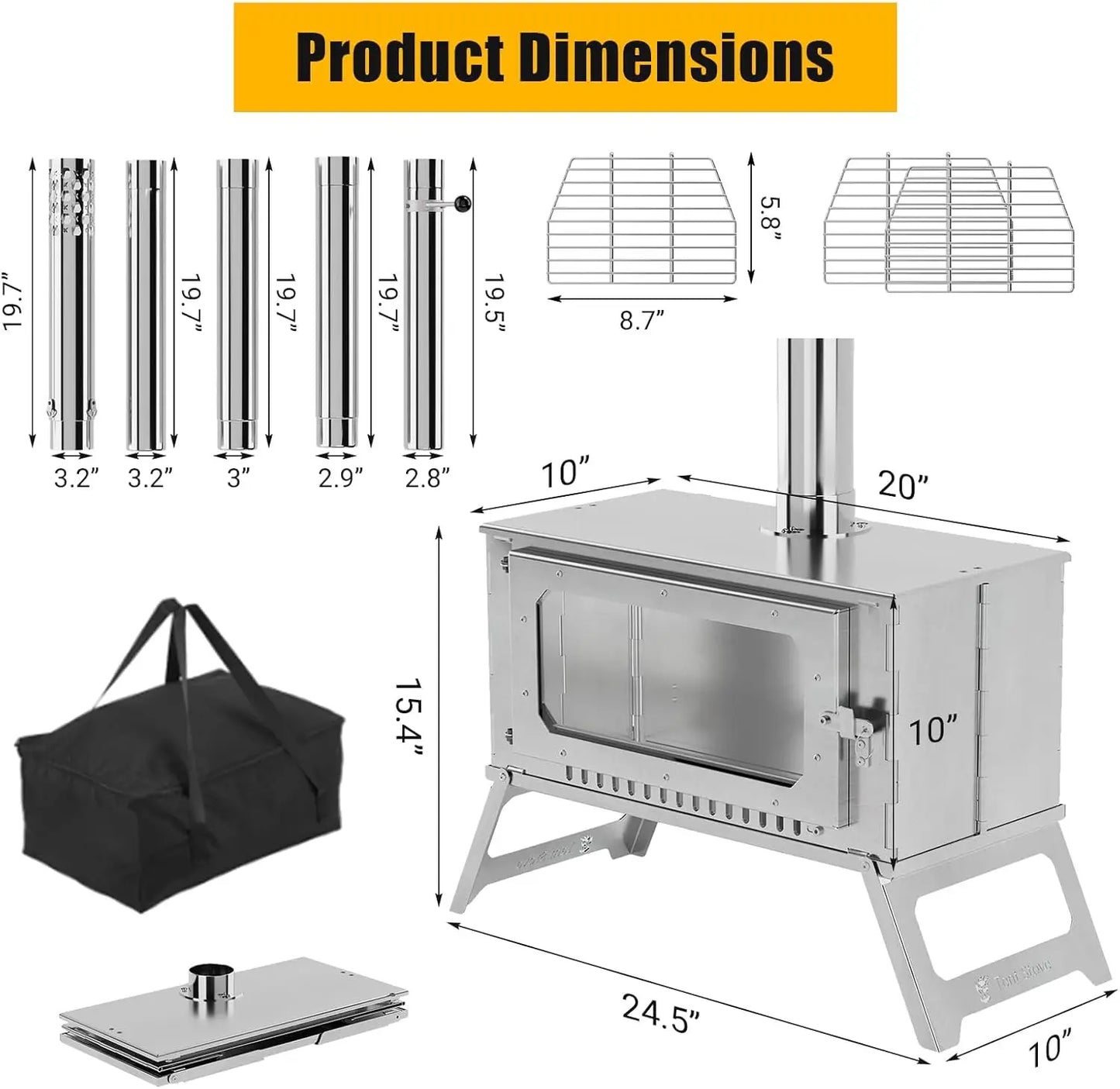 Hot Tent Stove, Wood Burning Stove, Portable Stainless Wood Stove with Cooking Grill,for Outdoor Camping Cooking and Heating