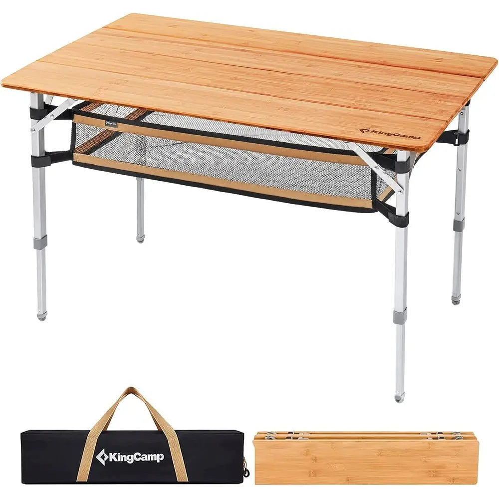 Adjustable Height Folding Table, 4-Fold Bamboo Camping Outdoor Portable RV Camp Table with Carry Bag & Storage for Outdoor Car B