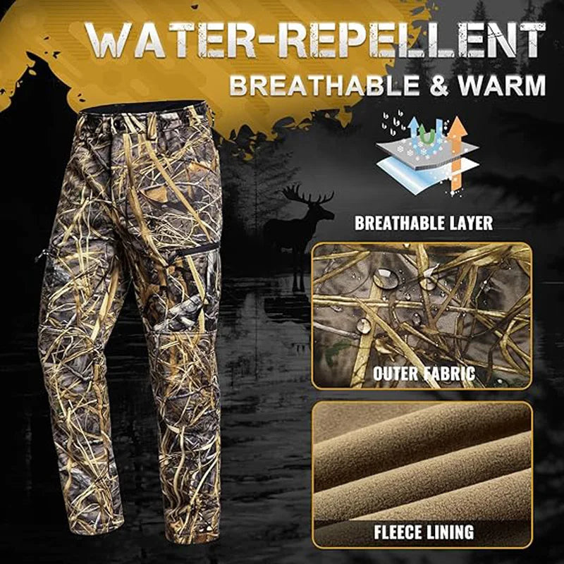 Quiet Hunting Pants Softshell Fleece-Lined Camouflage Clothes Clothing Gear for Men