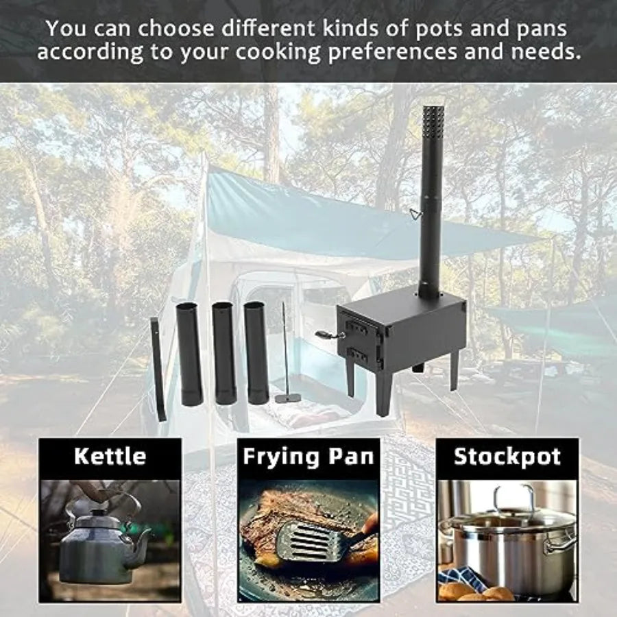 Portable Wood Burning Stove for Outdoor Cooking Fishing Hiking and Travel: Compact Mini Stove with Storable Chimney Pipes Ideal