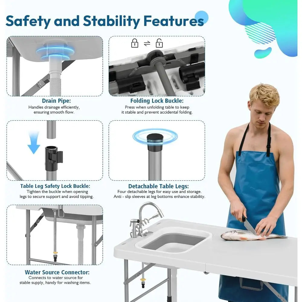 Fold in Half Folding Fish Cleaning Table with Sink, Foldable Protable Camping Sink Table with Drainage Hose & Fish Cleaning Kit,
