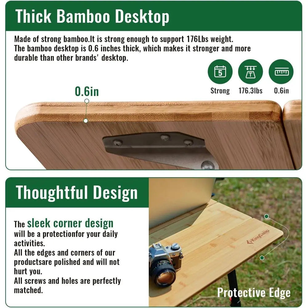 Bamboo Folding Table, 4-Fold Camping Adjustable Height Portable Outdoor Lightweight & Compact Table with Aluminum Frame for RV P