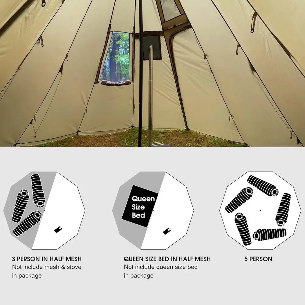 Family Camping Tent for 4-6 People: XL Wood Burning Stove-Ready, Screen Window, Height 2.6m, Diameter 4.6m