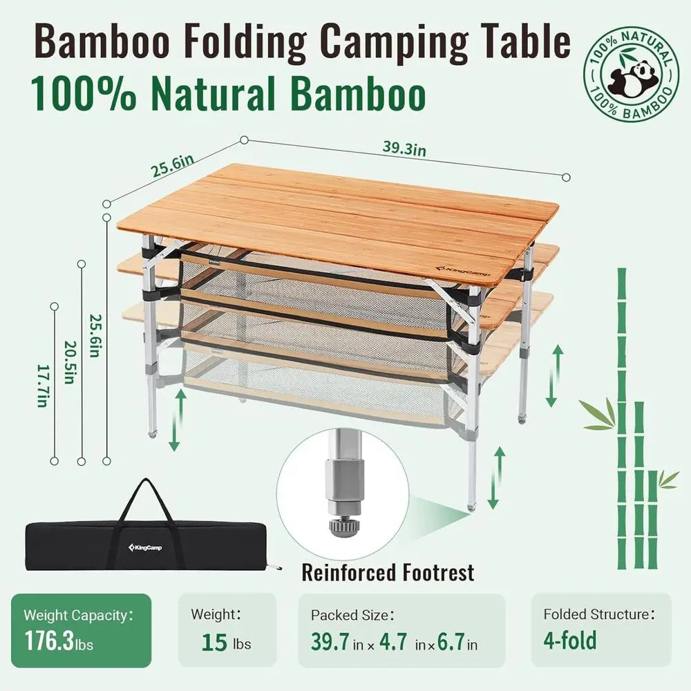 Adjustable Height Folding Table, 4-Fold Bamboo Camping Outdoor Portable RV Camp Table with Carry Bag & Storage for Outdoor Car B