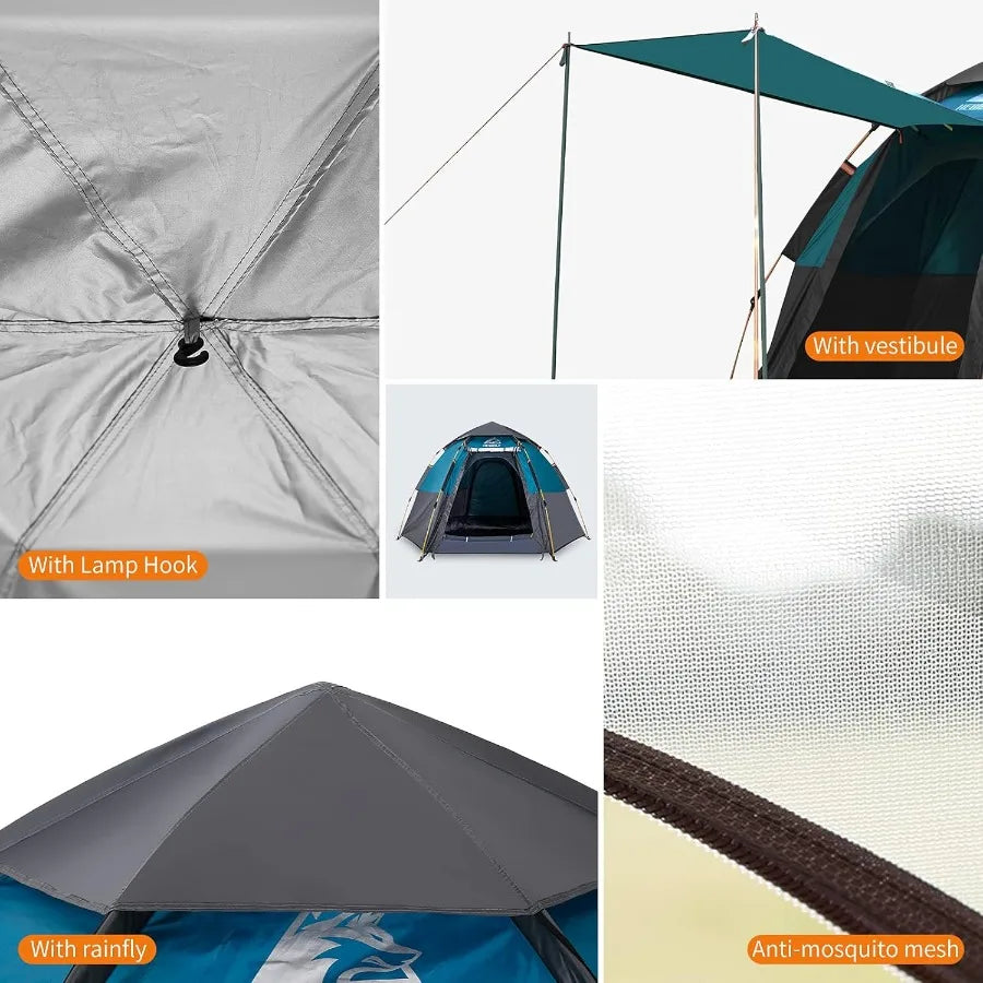 2/3/4 Person Camping Tent - Instant Pop Up Waterproof 2 Doors Tent with Easy Setup 3-Season Hexagonal Dome Design for Family Hi