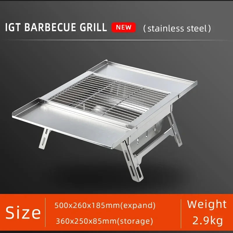 IGT Outdoor Stainless Steel Folding Barbecue Charcoal Grills Portable Camping Small Barbecue Oven Wild Journey
