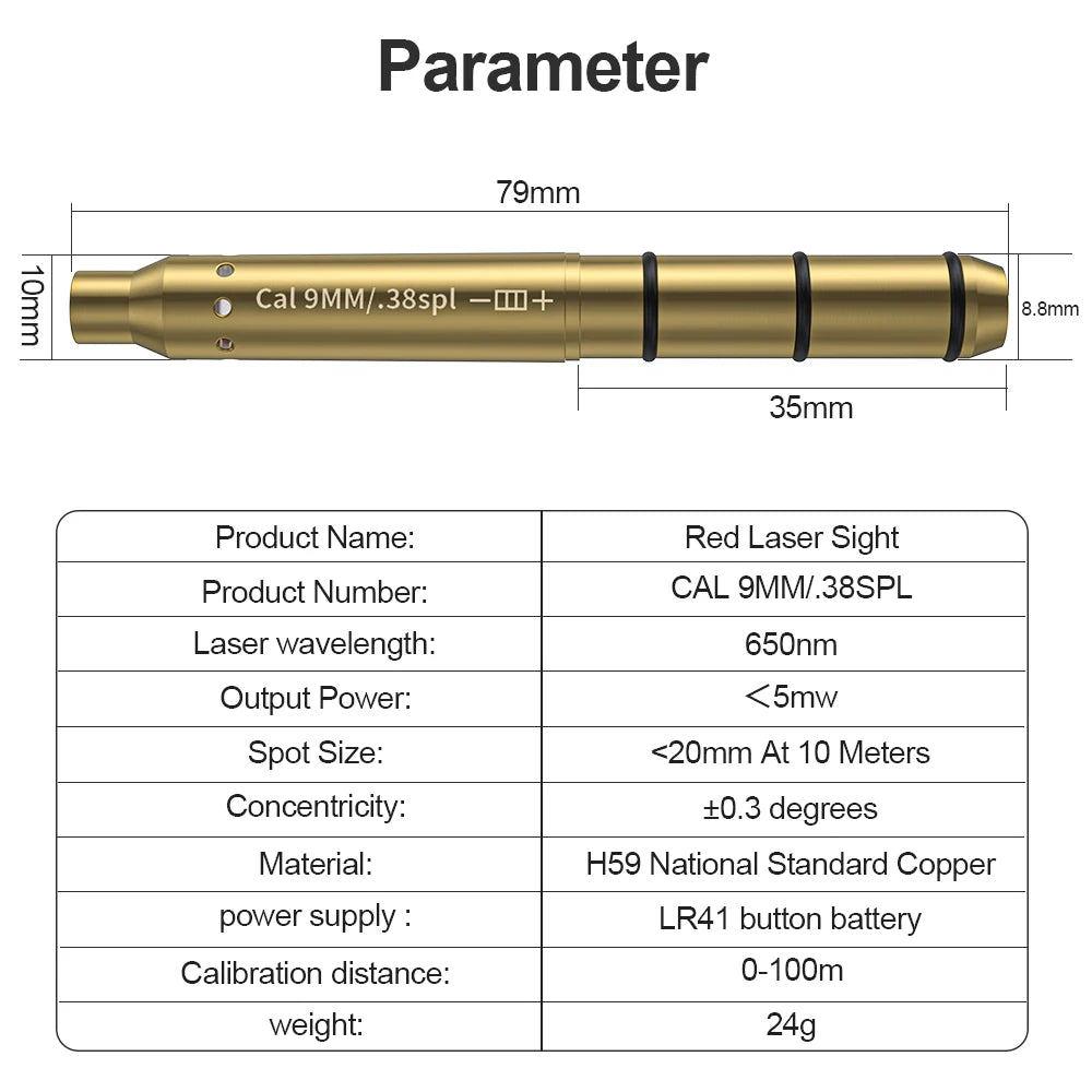 9MM/38SPL Red Laser Boresighter Cartridge Dot Sight for Pistol & Rifle Scope - Hunting Accessory Training Shoot Sight