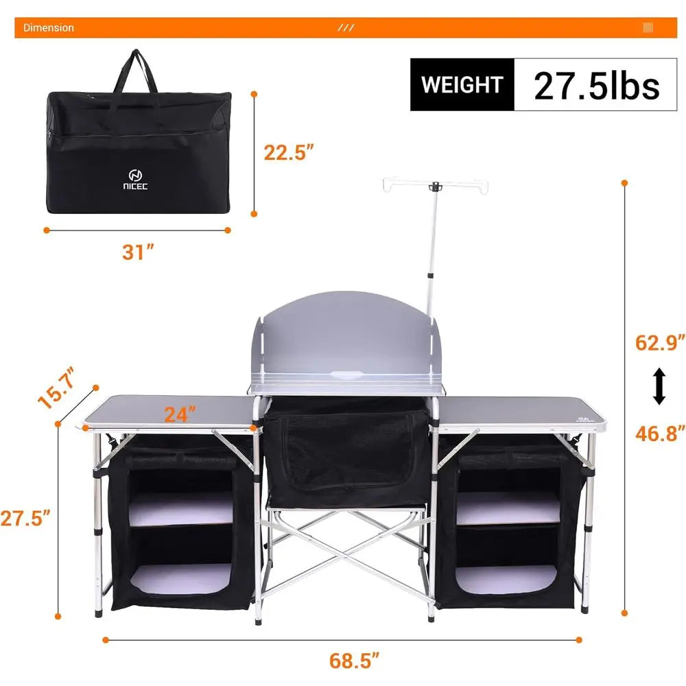 Camping Kitchen Table, Folding Table, Upgrade Light Stand and Windshield Cooking Station & 3 Organizers, Carry Bag for Outdoor,