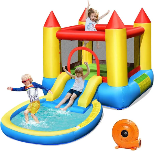 Inflatable Water Slide Bounce House with Ball Pit & Splash Pool, Bouncy Jump Castle for Kids Backyard Fun with 480w Blower, Blow