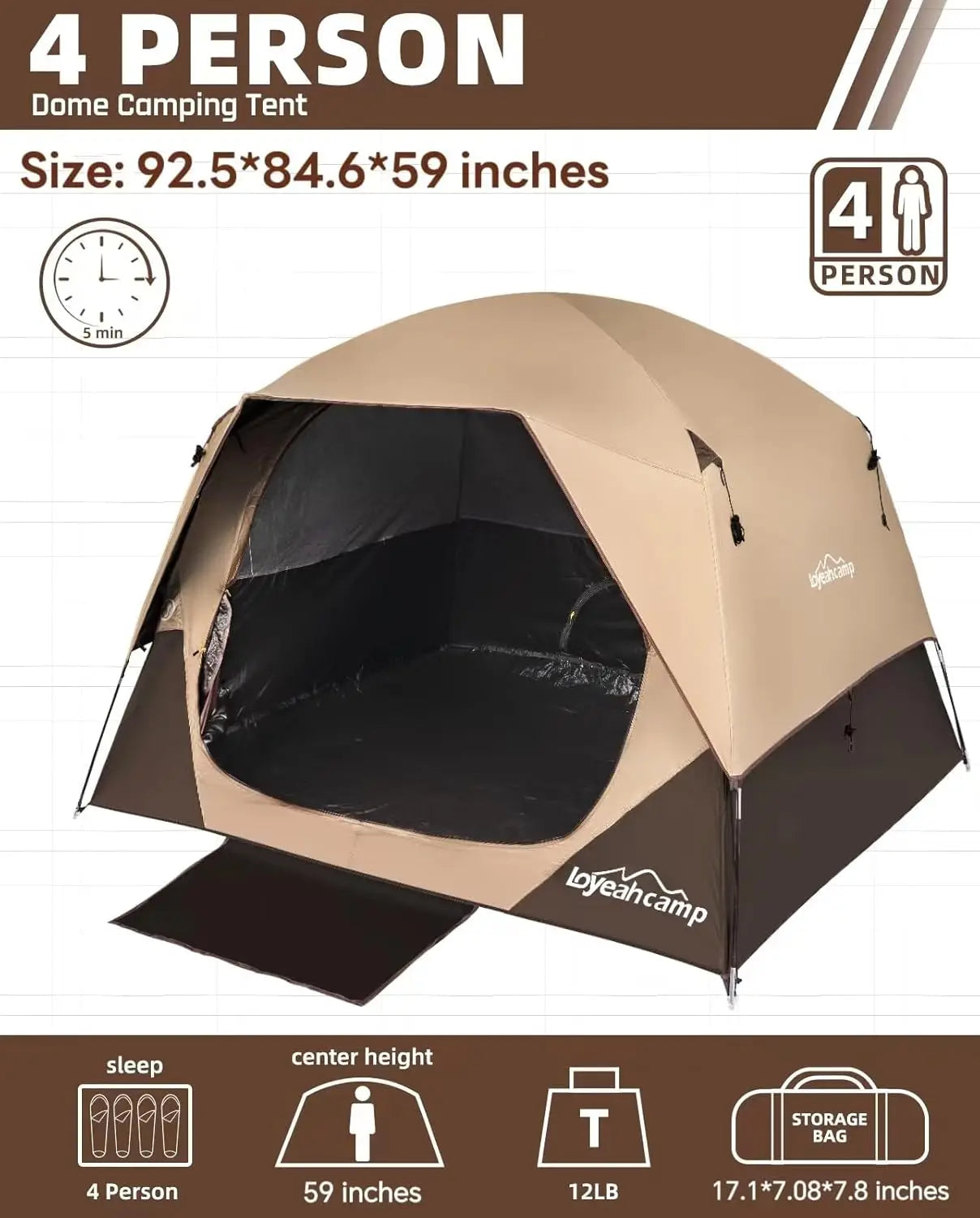 4 Person Blackout Camping Tent, Easy Setup Waterproof Family Dome Tent for Camping with Rainfly