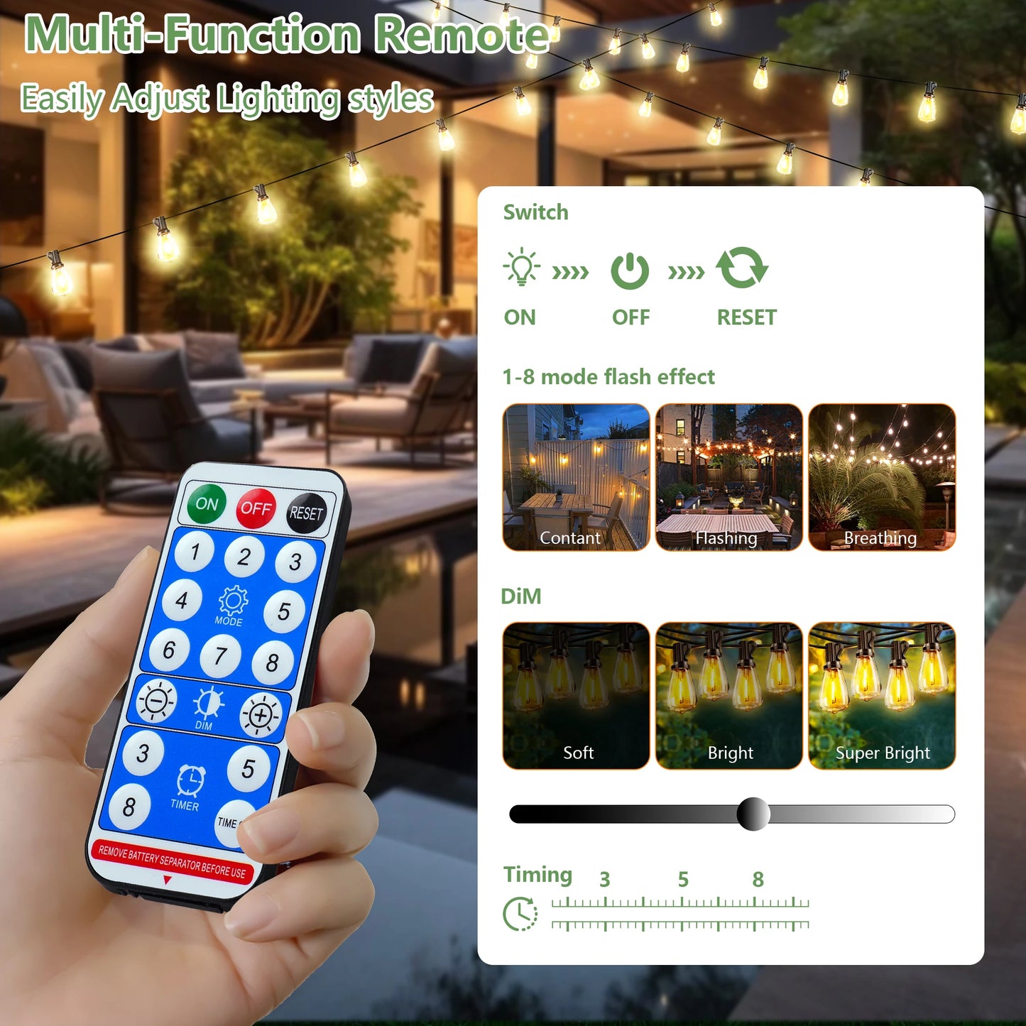 100FT Solar Outdoor String Lights IP65 Waterproof Patio Lights, Shatterproof E12 Replaceable Bulbs, Remote Dimmable Timing